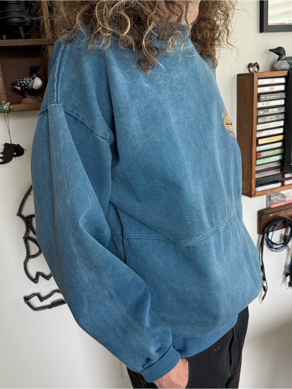 💀 SOLD 💀 Vintage 90s Blue Denim Steam Train Quebec Crewneck Pullover ~ Size L - Picture 2 of 9